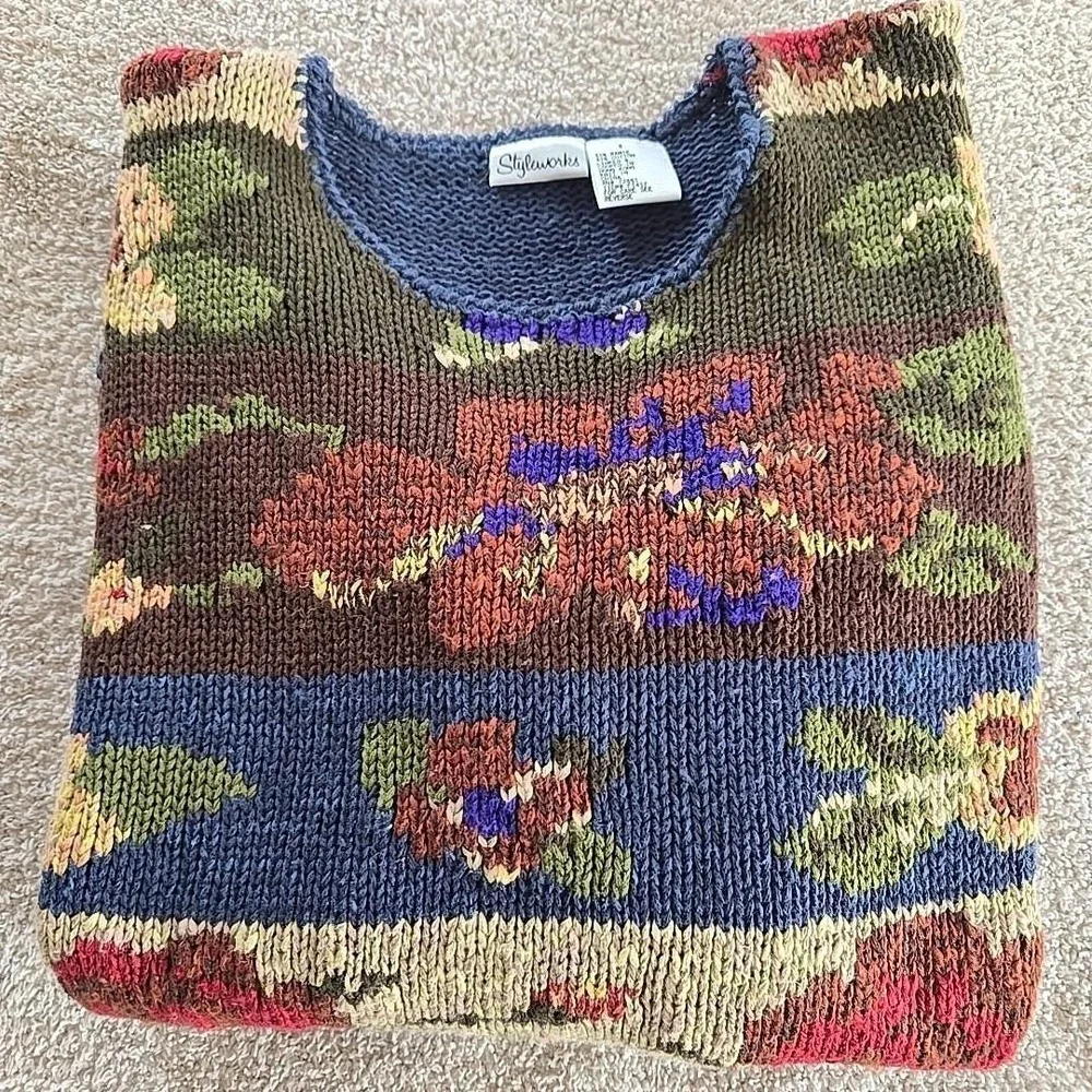 Vintage Styleworks Chunky-knit Fall Autumn Floral Sweater Grandmacore Oversize S